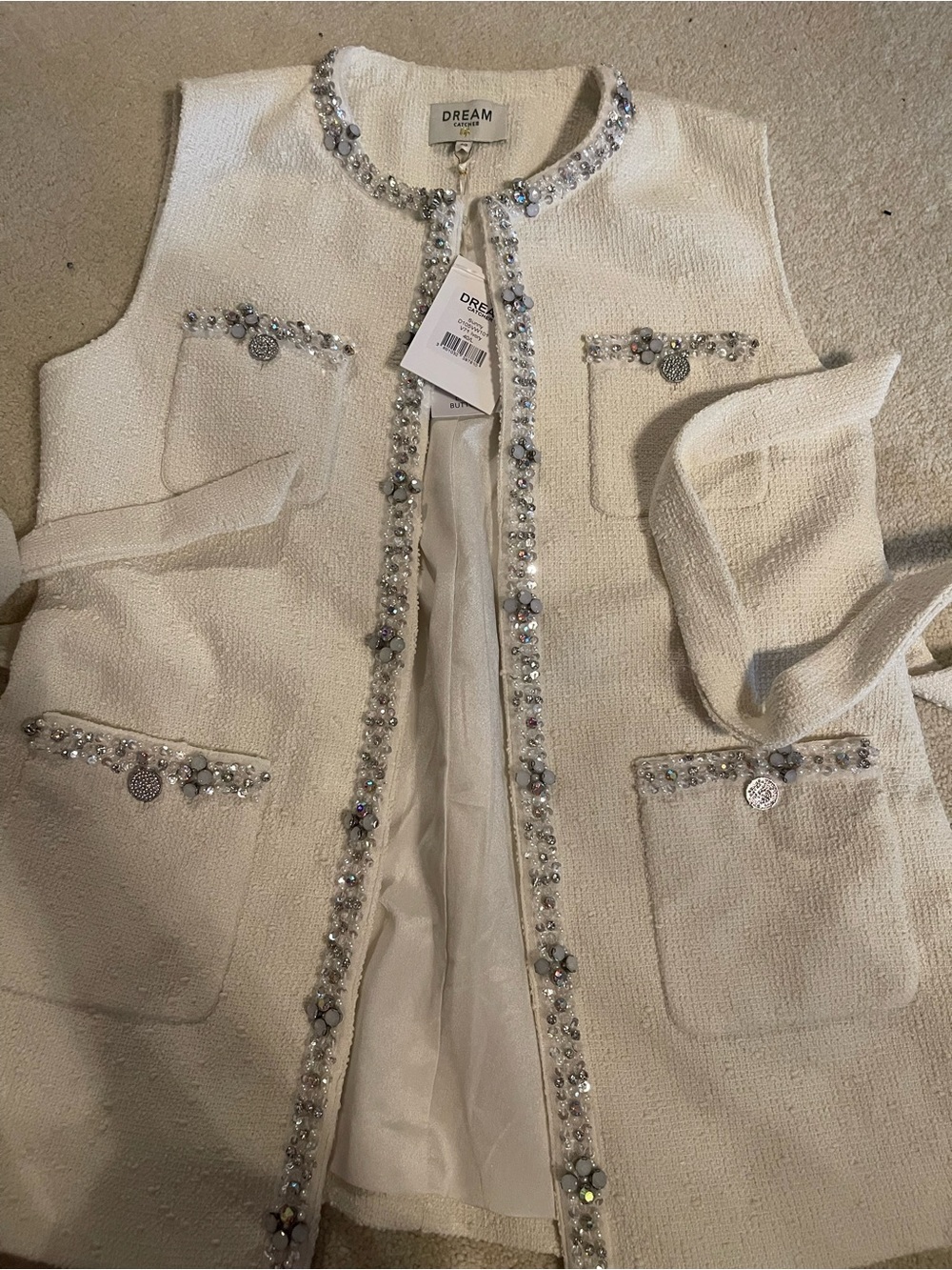 Dream by Gabrielle Cream Embellished Bouclé Vest